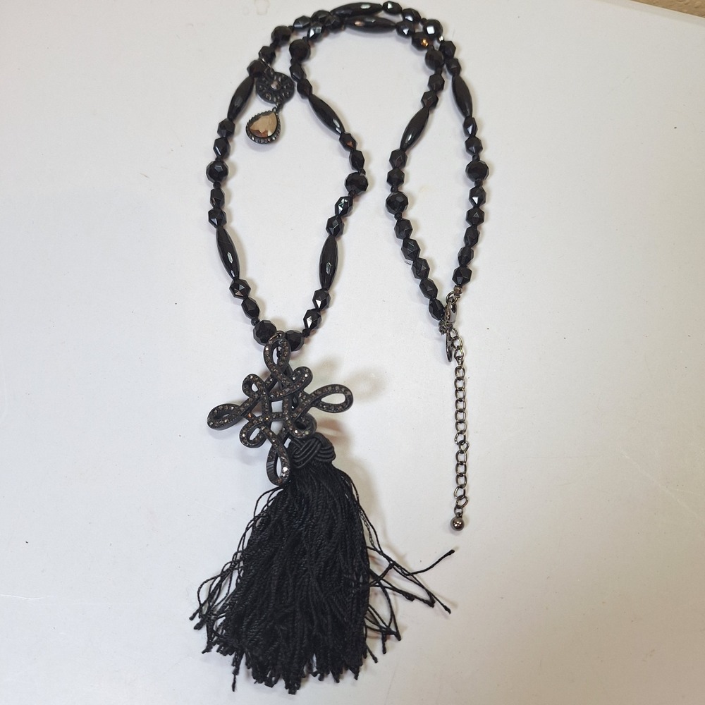Chico's Black Beaded Tassel Statement Necklace Boho Gothic Retro Long Necklace